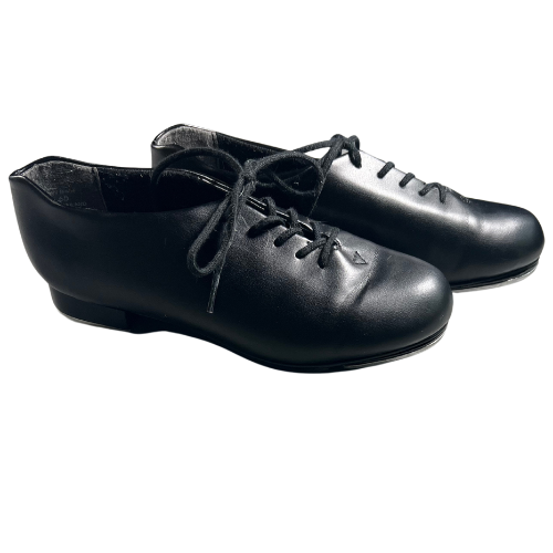 Pre-owned Capezio Tele Tone Tap Shoes in black, size 4.5W for girls, available at Our Families Attic. These gently used shoes feature a durable leather upper and Tele Tone taps for a clear sound, making them ideal for dance classes and performances!