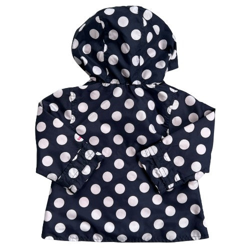 Pre-Owned Rain Jacket / Wind Breaker Brand: Carter's KID Size: Baby Girl 18 months Color: Dark blue with white polka dots with pink snaps and liner. Features: Pink snap closure, pink heart embroidery on front pockets, hood, long sleeve, hanging hook, belongs to tag Material: 100% Polyester (shell and liner) Condition: Excellent used condition. Online thrift store - Our Families Attic