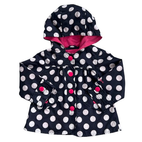 Pre-Owned Rain Jacket / Wind Breaker Brand: Carter's KID Size: Baby Girl 18 months Color: Dark blue with white polka dots with pink snaps and liner. Features: Pink snap closure, pink heart embroidery on front pockets, hood, long sleeve, hanging hook, belongs to tag Material: 100% Polyester (shell and liner) Condition: Excellent used condition. Online thrift store - Our Families Attic