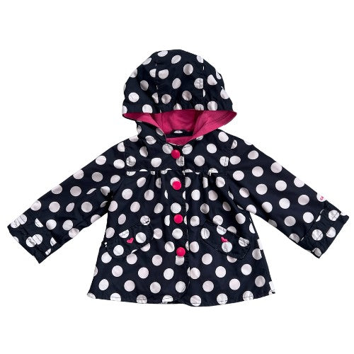 Pre-Owned Rain Jacket / Wind Breaker Brand: Carter's KID Size: Baby Girl 18 months Color: Dark blue with white polka dots with pink snaps and liner. Features: Pink snap closure, pink heart embroidery on front pockets, hood, long sleeve, hanging hook, belongs to tag Material: 100% Polyester (shell and liner) Condition: Excellent used condition. Online thrift store - Our Families Attic