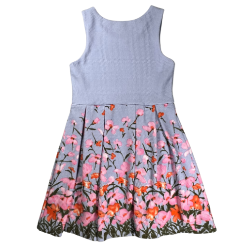 Copper Key girl's small blue dress with pink and orange flowers. Stretchy material, lined, and pleated skirt. Sleeveless. Round neck. back. Gently used excellent condition. Shop Our Families Attic.