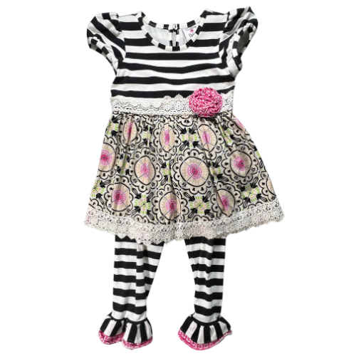 Counting Daisies Black White and Pink Dress with Black and White Striped Leggings Size 6