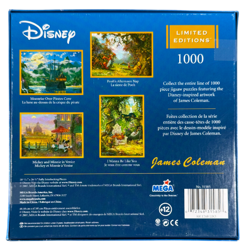 Back of Disney Limited Edition ‘Moonrise Over Pirate’s Cove’ 1000-piece puzzle box, featuring artwork details and product information, in excellent pre-owned condition and securely taped closed.