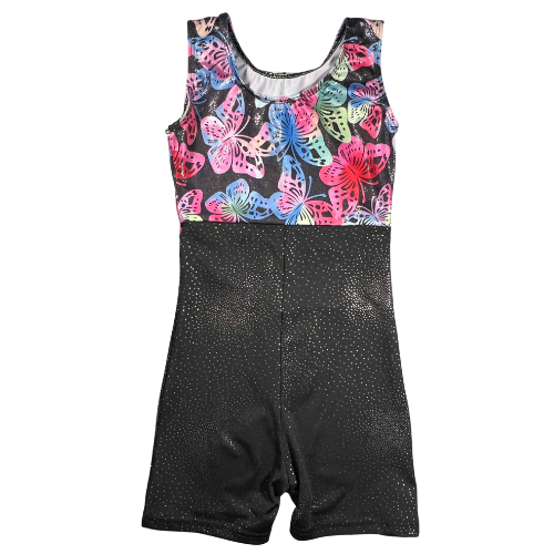 Pre-owned girls' gymnastics leotard size 6-7 in shimmery black with multicolored butterflies and a pink waistband. Features a tank top and shorts design, one-piece construction, and an easy pull-on style. Made from 82% Polyester and 18% Elasthanne, gently used and in good condition, ideal for gymnastics practice or performances. Available online at Our Families Attic.