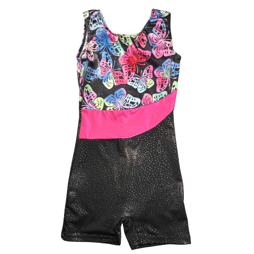Pre-owned girls' gymnastics leotard size 6-7 in shimmery black with multicolored butterflies and a pink waistband. Features a tank top and shorts design, one-piece construction, and an easy pull-on style. Made from 82% Polyester and 18% Elasthanne, gently used and in good condition, ideal for gymnastics practice or performances. Available online at Our Families Attic.