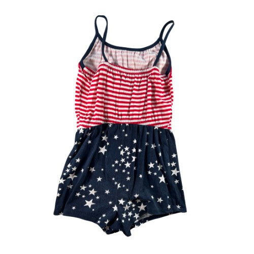 Pre-Owned Red, White, and Blue Shorts Romper Brand: Jumping Beans Size: Little Girl 6x Color: Red, White, and Blue with stars and stripes Features: Spaghetti strap, shorts, elastic waist, chest ruffle Material: 100% Cotton Condition: Great, gently used. Minimum fading from washing. Used clothing. Our Families Attic.
