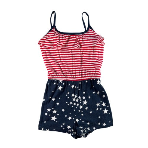 Pre-Owned Red, White, and Blue Shorts Romper Brand: Jumping Beans Size: Little Girl 6x Color: Red, White, and Blue with stars and stripes Features: Spaghetti strap, shorts, elastic waist, chest ruffle Material: 100% Cotton Condition: Great, gently used. Minimum fading from washing. Used clothing. Our Families Attic.