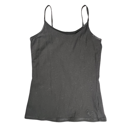 Preowned Front of Justice tank top. Color is black with spaghetti straps. Girls Size 6/7. This Justice tank top is a great wardrobe staple, perfect for layering or wearing on its own. Comfortable and stylish, it's ideal for casual days and playtime. Shop Our Families Attic.