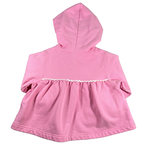 Pre-Owned Jacket with Hood Brand: Kelly's Kids Size: Toddler girl size 2 Color: Pink with white rick rack trim Features: Long sleeves with rolled cuffs, rick rack trim, soft and light, hood, pink button front with the letter "E" embroidered in white Material: 60% Cotton, 40% Polyester Condition: Gently used condition with minor discoloration. Online thrift store - Our Families Attic