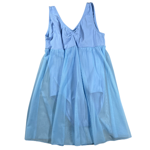 Pre-owned Light blue dance leotard with built-in tulle skirt, featuring a sleeveless design and stylish cutout back. Made from 92% cotton, 8% Spandex, size small (6-8), in excellent, like-new condition, ideal for dance classes or performances. Shop Our Families Attic.