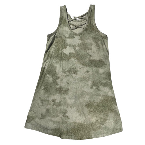 Pre-Owned Old Navy Green Tank Dress in great gently used condition. Back of dress with crisscross straps and variegated green color. Our Families Attic.
