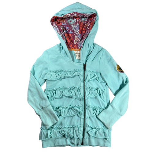 Pre-Owned Hooded Jacket Brand: Matilda Jane Size: Little girl size 6 Color: Turquois with shades of purple and orange florals Features: Long sleeves, zip-up, lined hood, ruffles, soft material, decorative patch on sleeve Material: 95% Cotton, 5% Spandex Condition: Gently used, good condition. Minor sains at the end of cuffs and sleeve. Online thrift store - Our Families Attic