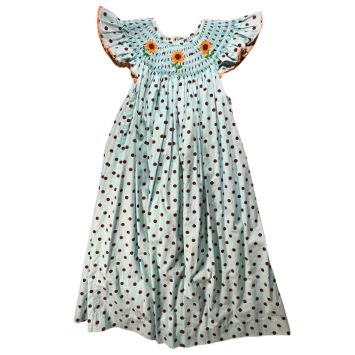 Pre-Owned Mom & Me Aqua Smocked Dress with Brown Polka Dots and Rickrack - Little Girls' Size 6X | Our Families Attic Pre-Owned Mom & Me Aqua Smocked Dress with Brown Polka Dots and Rickrack - Little Girls' Size 6X | Our Families Attic