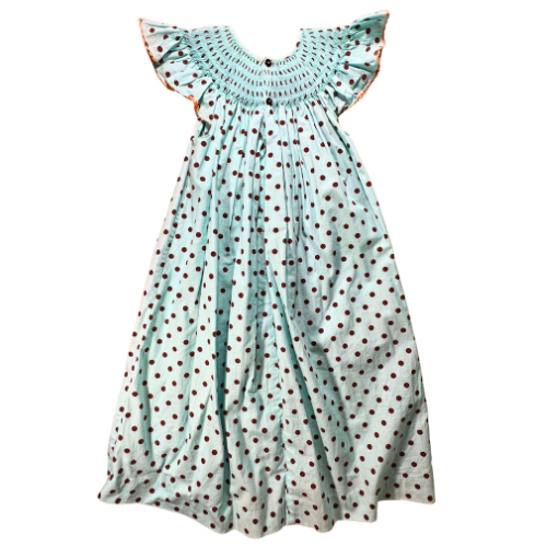 Pre-owned Mom & Me Aqua Smocked Dress with Brown Polka Dots for little girls, size 6X, featuring rickrack trim on the shoulder ruffle, sunflower embroidery, and a 4-button closure, available at Our Families Attic.