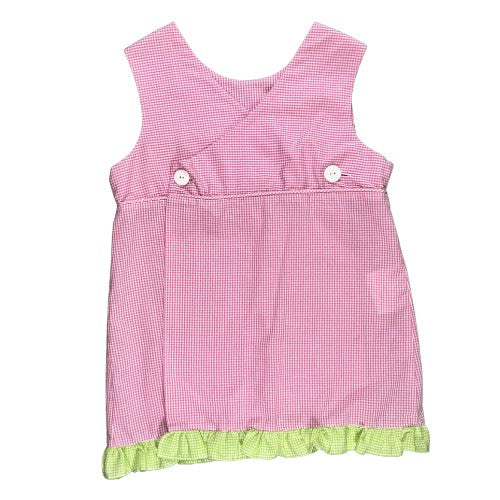 Pre-Owned Smocked Top and Pants Set Brand: Mom & Me Size: Little girl 6X Color: Pink and white gingham with embroidered purses/bags, and green gingham checkered Features: Sleeveless, 2" shoulder, smocking and embroidery on the top, ruffle trim, 2-button foldover back, elastic waist Material: 65% Cotton, 35% Polyester Condition: Excellent Used. Online thrift store - Our Families Attic