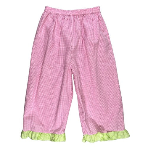 Pre-Owned Smocked Top and Pants Set Brand: Mom & Me Size: Little girl 6X Color: Pink and white gingham with embroidered purses/bags, and green gingham checkered Features: Sleeveless, 2" shoulder, smocking and embroidery on the top, ruffle trim, 2-button foldover back, elastic waist Material: 65% Cotton, 35% Polyester Condition: Excellent Used. Online thrift store - Our Families Attic