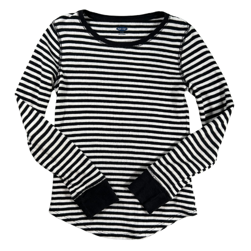 Pre-Owned Long Sleeve T-Shirt Brand: Old Navy Size: Big girl size 8 Color: Black and white stripes Features: Long sleeves, round neck, cute stripes, ribbed Material: 60% Cotton, 40% Polyester Condition: Gently used, good condition. Online thrift store - Our Families Attic