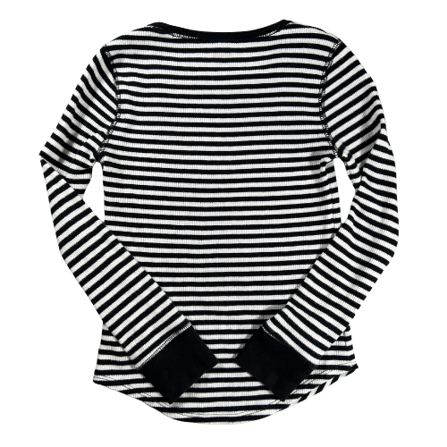 Pre-Owned Long Sleeve T-Shirt Brand: Old Navy Size: Big girl size 8 Color: Black and white stripes Features: Long sleeves, round neck, cute stripes, ribbed Material: 60% Cotton, 40% Polyester Condition: Gently used, good condition. Online thrift store - Our Families Attic
