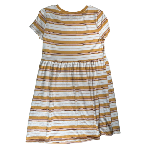 Pre-owned SO mustard yellow striped t-shirt dress for big girls, size medium, available at Our Family's Attic. Features short sleeves, a round neckline, and a soft, comfortable fit with stylish stripes in white, dark rust red, and pink. Perfect for casual wear!