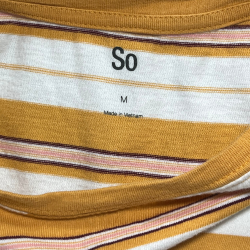Pre-owned SO mustard yellow striped t-shirt dress for big girls, size medium, available at Our Family's Attic. Features short sleeves, a round neckline, and a soft, comfortable fit with stylish stripes in white, dark rust red, and pink. Perfect for casual wear!