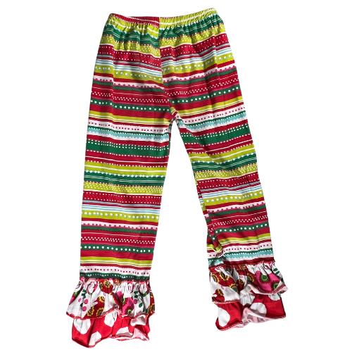 Pre-Owned colorful striped ruffled pants for girls, size 6-7 Y, by Tutu & Lulu, available at Our Families Attic. Features an elastic waist, ruffles on the hem, and playful prints of polka dots, stripes, and birds. Excellent used condition, perfect for playful outings.