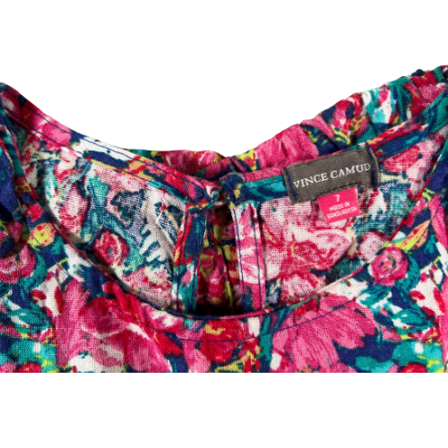 Pre-Owned 2 Piece Top and Shorts Bright Floral Set Brand: Vince Camuto Size: Big Girl 7 Color: Bright pink and blue floral Features: Sleeveless with 1" shoulder, bow on shoulders, button closure on back of the top, elastic waist shorts. Material: 55% Linen, 45% Rayon Condition: Excellent used. Online thrift store - Our Families Attic
