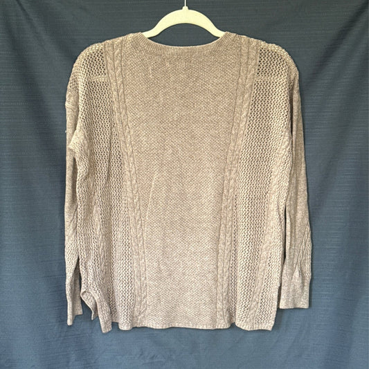 Back view of a light brown American Eagle women’s medium sweater with cable detailing and open-knit panels.