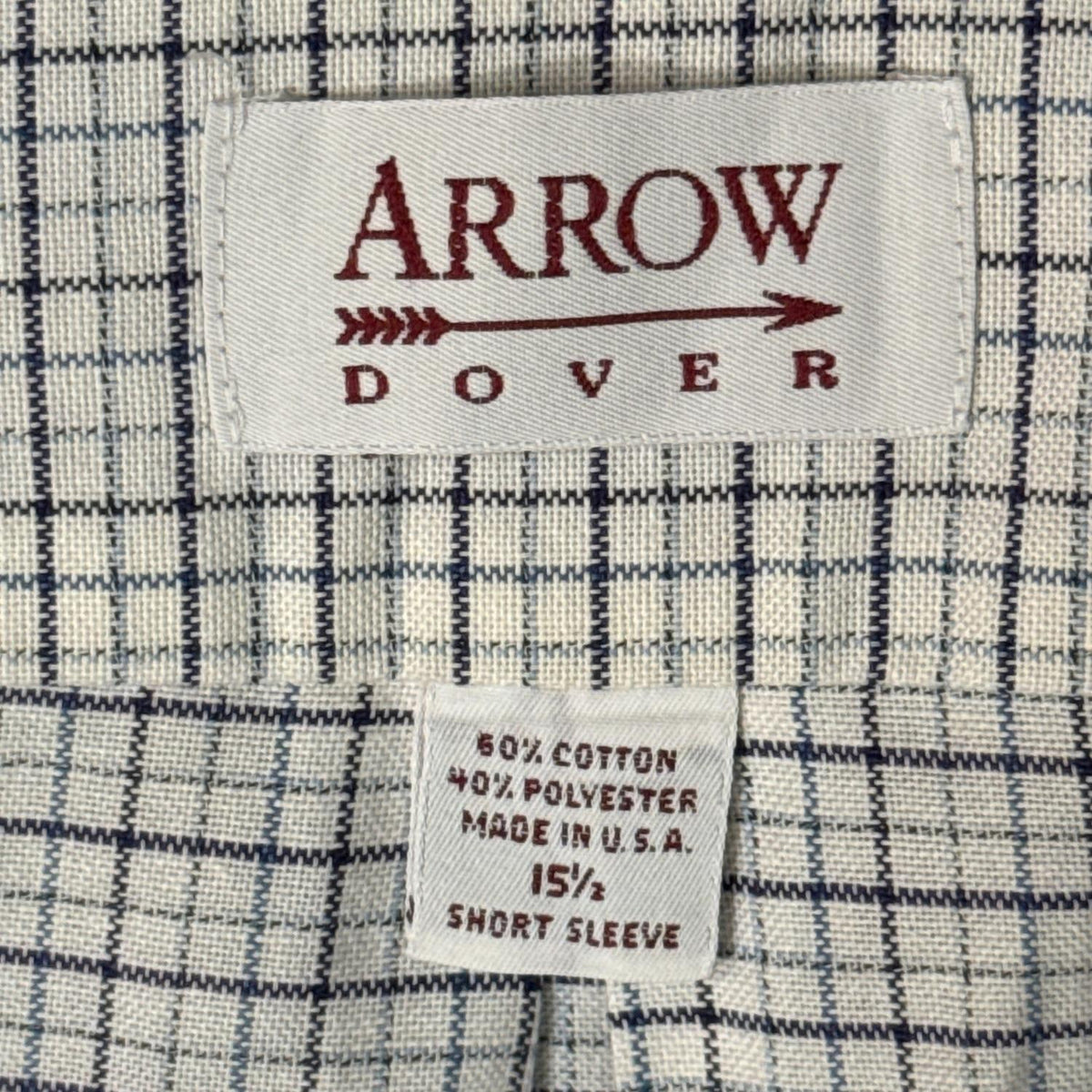 Arrow Dover brand, size 15.5, cotton-polyester material, Made in USA and short-sleeve tags.