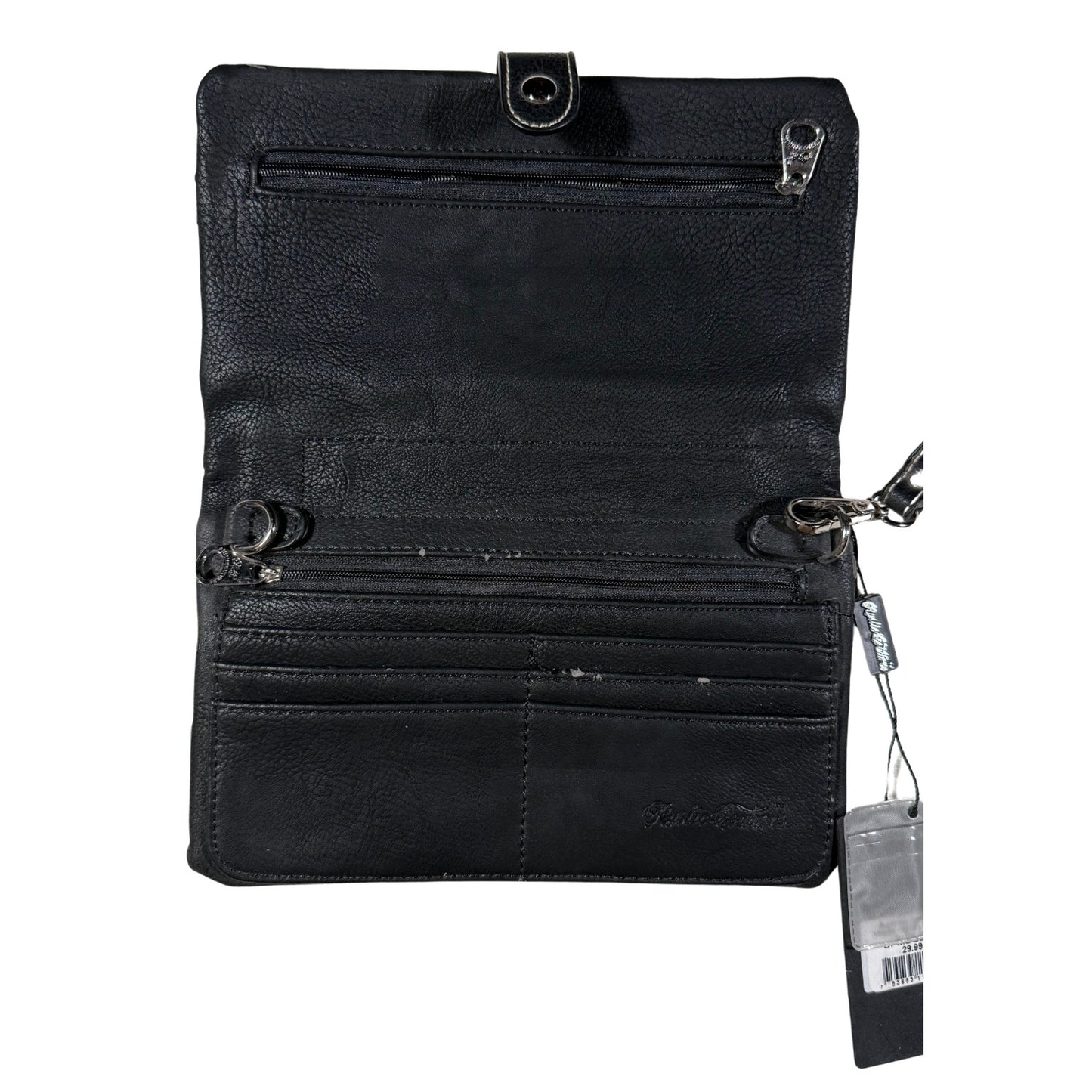 Black leather wallet with multiple compartments peeling faux leather on a white background