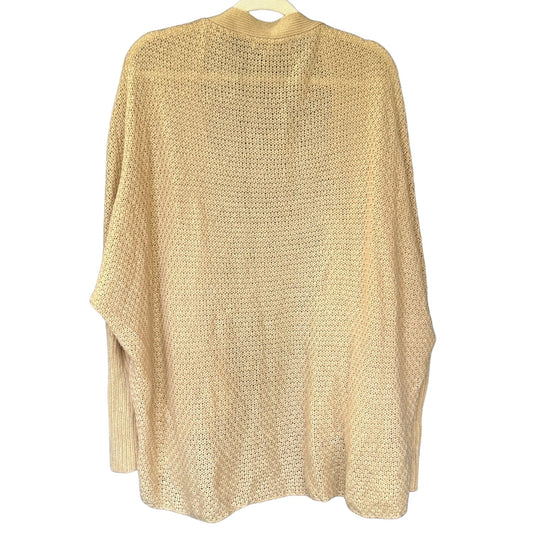 Back of a beige Cecico cocoon cardigan showing its wide draped shape, textured knit, and long ribbed cuffs.