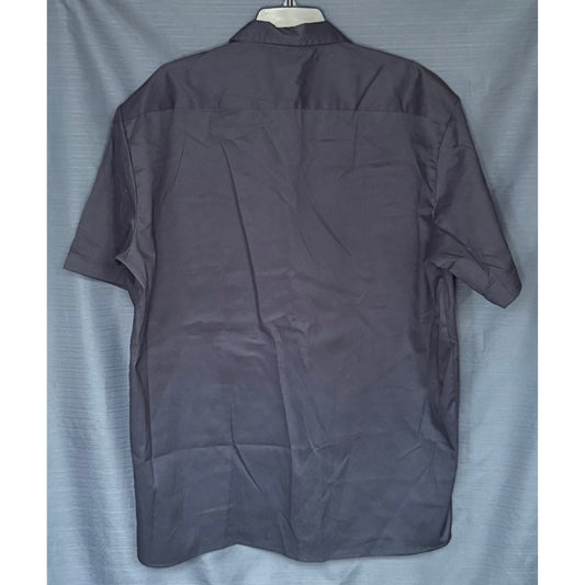 Back view of new Dickies men's large dark navy short sleeve work shirt with back yoke and straight hem.