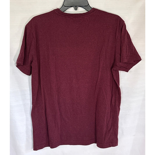 Back front view of burgundy Ecko Unltd. men’s medium T-shirt with a V-neck, short sleeves, and small shoulder logo.