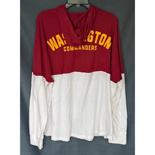 Back view of Fanatics men's 2XL Washington Commanders hooded shirt with burgundy and white color-block design and gold team lettering.