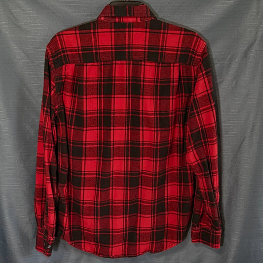 Back view of George men's red and black plaid flannel shirt size medium with long sleeves and curved hem.