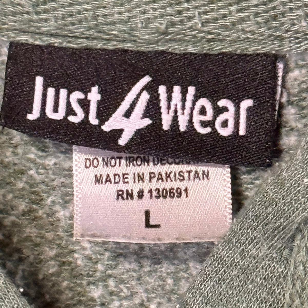 Just4Wear size large brand label inside heather green pullover hoodie.