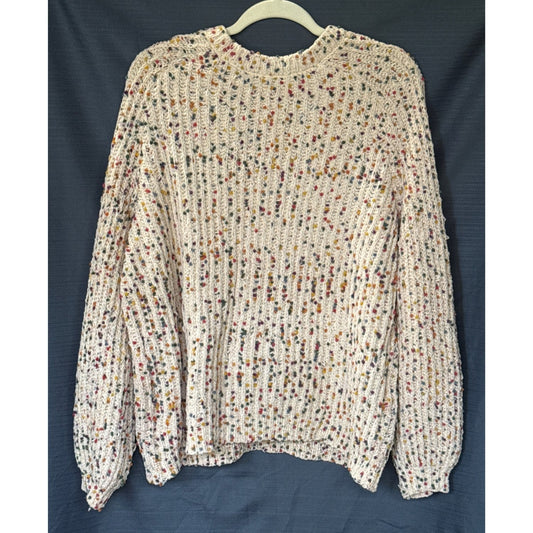 Back view of a Leo & Nicole women’s XL light tan sweater with multicolored yarn dots and long sleeves.