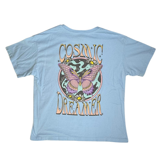 Light blue graphic tee with large butterfly and floral design back view