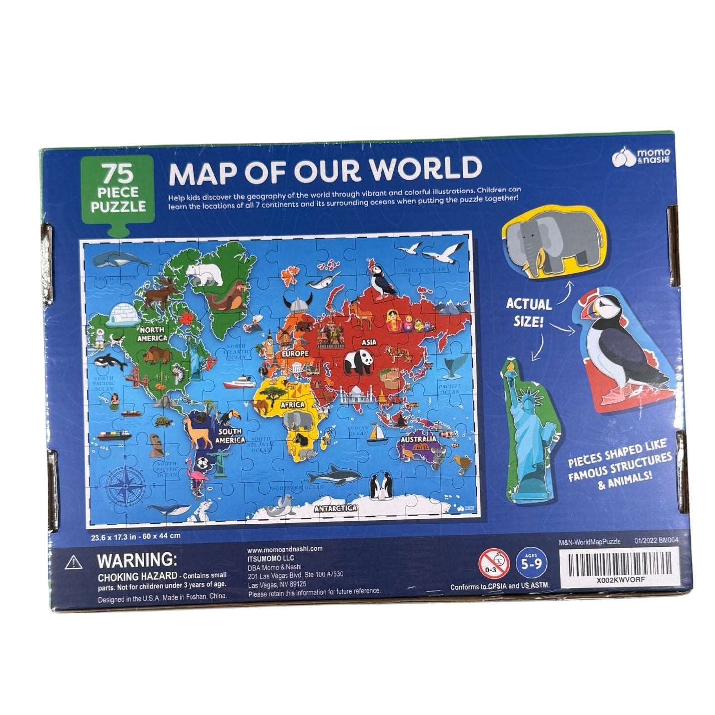 Back image of Map of Our World 75-piece children's puzzle by Momo & Nashi sealed in original packaging.