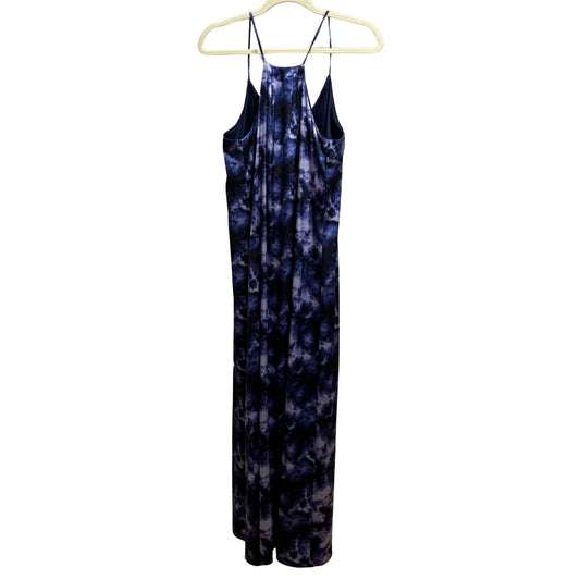Back view of Nicole Miller New York women's purple tie-dye racerback maxi dress.
