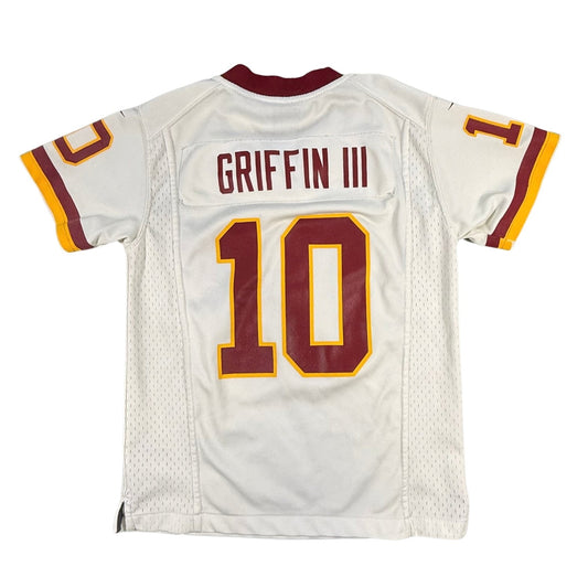 Back of white youth jersey with Griffin III name and burgundy number 10