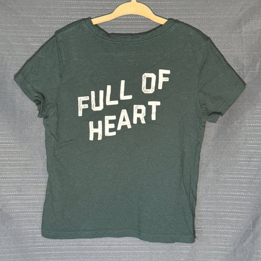 Back of Old Navy girls muted teal green T-shirt with large white Full of Heart lettering, size 6–7.