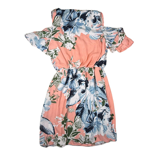 Peach floral cold shoulder dress back view