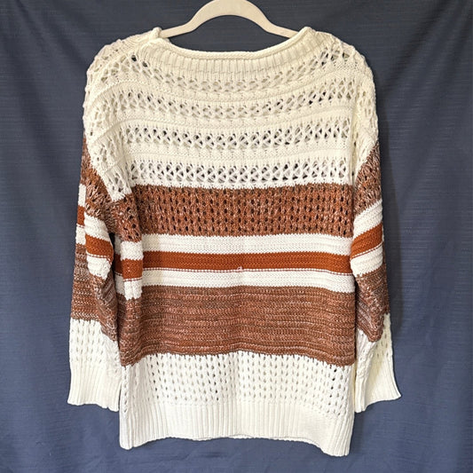 Back of a women’s SHEIN sweater with cream, brown, and burnt orange horizontal stripes, open-knit details, and long sleeves.