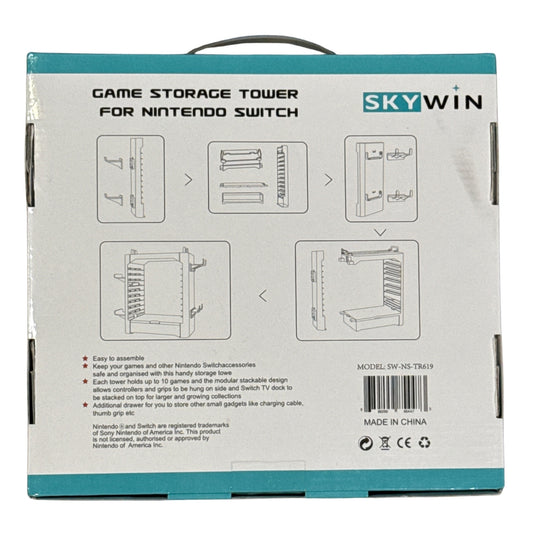 Back of SkyWin Nintendo Switch storage tower box showing assembly diagrams, product features, and model SW-NS-TR619.