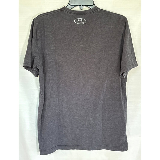 Back view of a faded black Under Armour short-sleeve T-shirt with a small logo below the neckline
