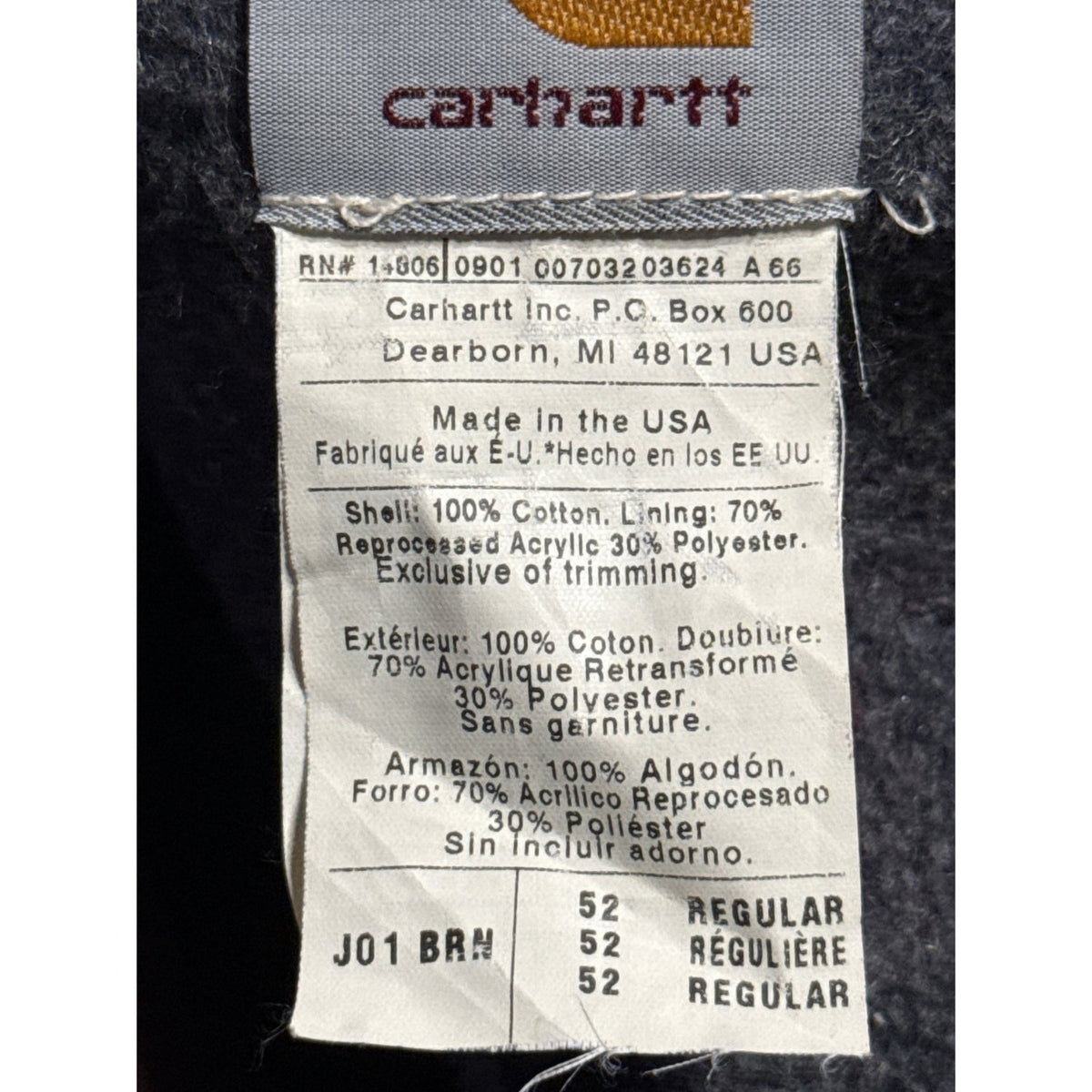 Carhartt J01 BRN size 52 Regular Made in USA material and September 2001 date tag