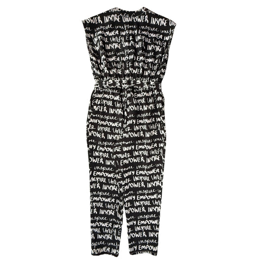 Back view of sleeveless black and white jumpsuit