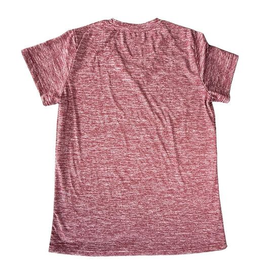 Back view of women's large heather red and gray short sleeve moisture wicking performance tee