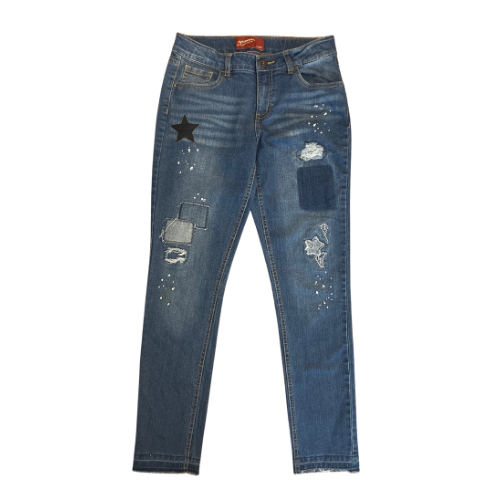 Arizona Jean Company Skinny Stretch Jeans Mid-wash blue denim rips patched style Stretchy fabric Good Used - Our families Attic