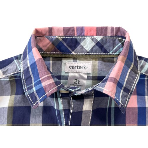 Pre-owned Carter's Blue and Pink Plaid Dress Shirt Toddler Boy 2T Blue, pink, and white plaid, Long Sleeve, Button-up, Button cuffs, Collar, Front pocket, 100% Cotton, in excellent used condition. - Our Families Attic